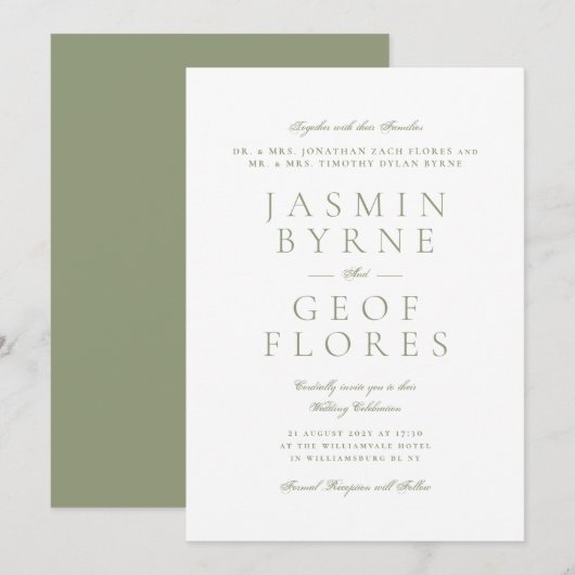 Formele Elegante Mosgroene & Witte Bruiloft Kaart (Voorkant / Achterkant)
