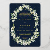 Formele Elegante Navy Snowberry+Eucalyptus Bruilof Folie Uitnodiging (Voorkant)