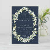 Formele Elegante Navy Snowberry+Eucalyptus Bruilof Kaart (Staand voorkant)