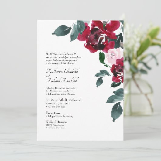 Formele Elegante Roze & Rode Rose Bloemen Bruiloft Kaart (Staand voorkant)