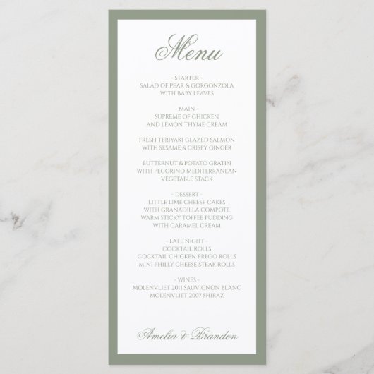 Formele Elegante Sage Green Border Script Wedding Menu (Voorkant)