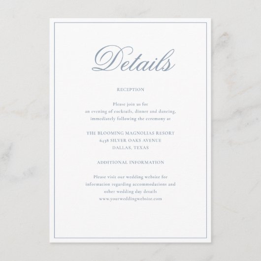 Formele Elegante Stoffige Blauwe Bloemen Bruiloft  Informatiekaartje (Voorkant)