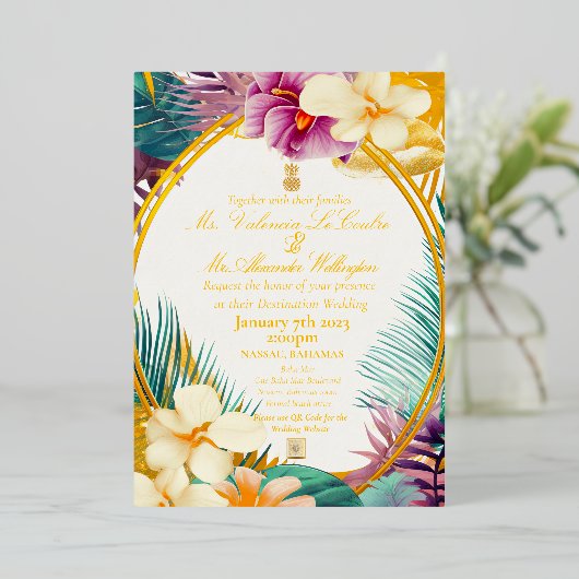 Formele Elegante Tropische Thema Bestemming Bruilo Folie Uitnodiging (Staand Voorkant)