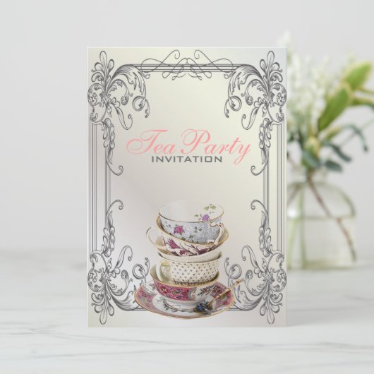 Formele elegante wervelingen Witte  theefeest Kaart (Staand voorkant)