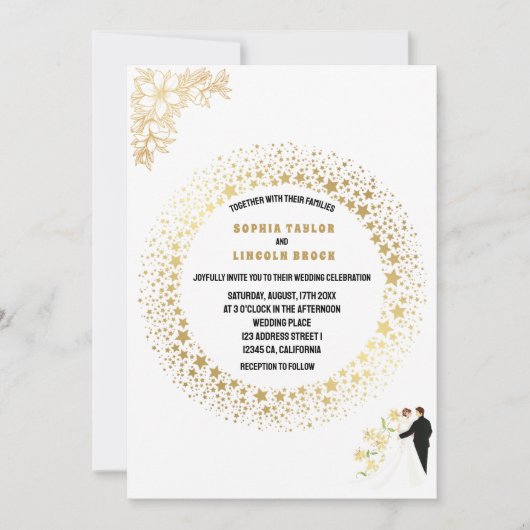 Formele, Elegante Witte en Gouden Monogram Bruilof Kaart (Voorkant)