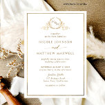 Formele, Elegante Witte en Gouden Monogram Bruilof Kaart<br><div class="desc">Elegante huwelijksuitnodiging met delicate fijne handgetekende monogram met bruid en bruidegom's initialen in gouden tinten. Schone, minimale en elegante stijl. Wit en gouden ontwerp. Terug in het wit, dat kan worden gewijzigd in een andere kleur die u wilt door te selecteren "verder aanpassen". Let op: typografie is niet in echte...</div>