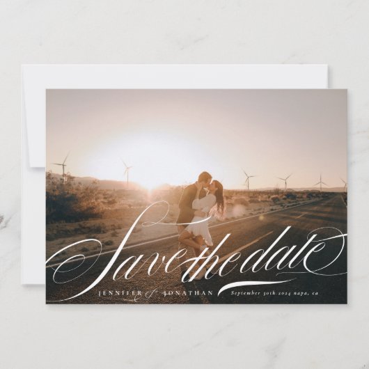 Formele Elegante Witte Kalligrafie QR Code Foto Save The Date (Voorkant)