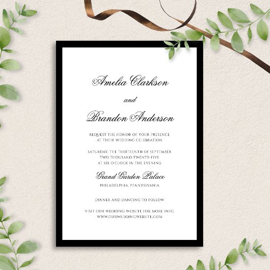Formele Elegante Zwart & Wit Border Script Wedding Kaart