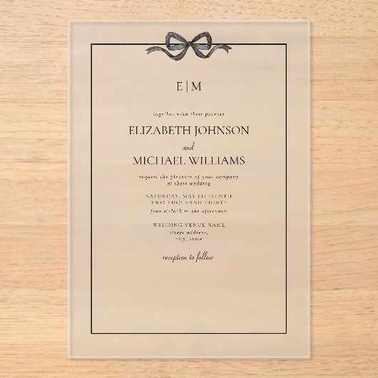 Formele Elegante Zwart & Wit Bow Monogram Huwelijk Acryl Uitnodigingen (Voorkant)