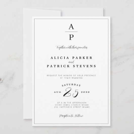 Formele elegante zwart-wit monogram bruiloft kaart (Voorkant)