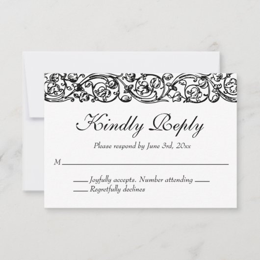  formele elegante zwarte en witte bruiloft RSVP kaartje (Voorkant)