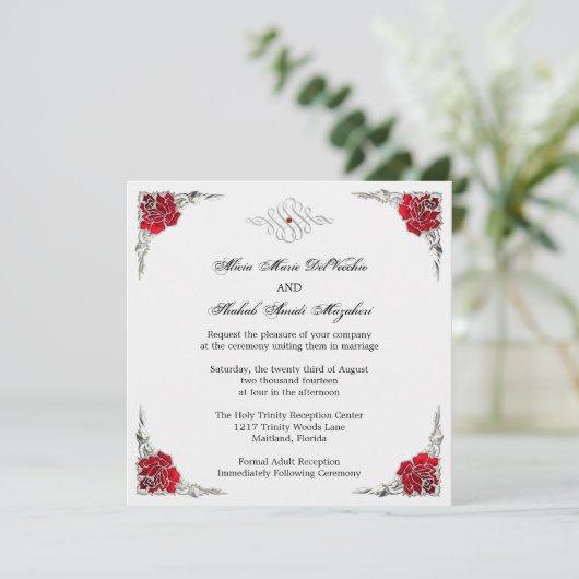 Formele eulegant Silver Accent Floral Wedding Invi Kaart (Staand voorkant)