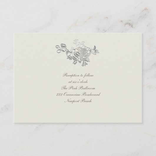 Formele faux reliëf pioen ecru receptie bruiloft informatiekaartje (Voorkant)