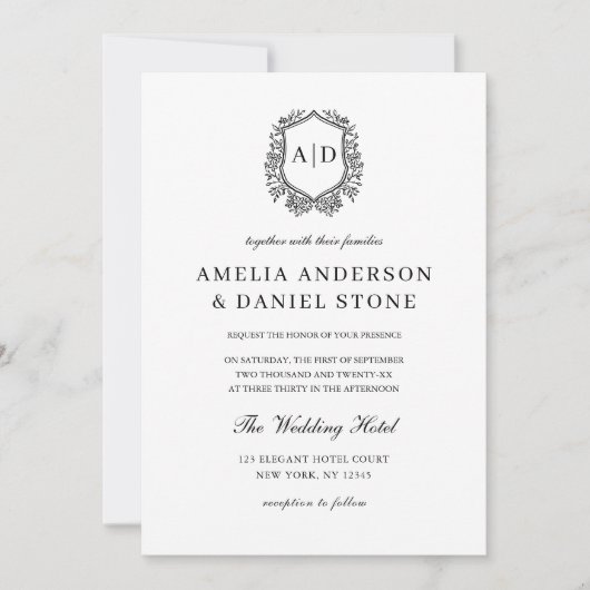 Formele Floral Crest Monogram bruiloft QR-code Kaart (Voorkant)