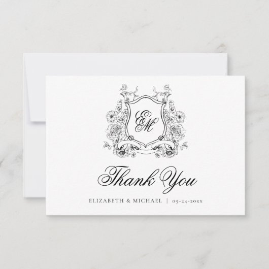 Formele Floral Crest Monogram Elegante Huwelijk Bedankkaart (Voorkant)