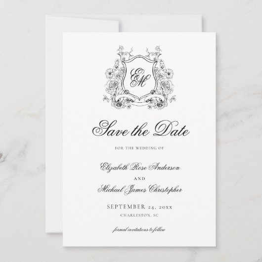 Formele Floral Crest Monogram Elegante Huwelijk Save The Date (Voorkant)
