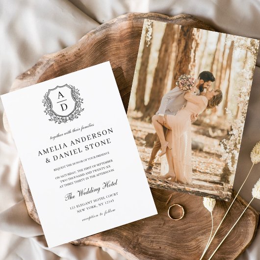 Formele Floral Crest Monogram Fotobruiloft Kaart