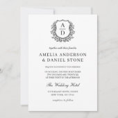 Formele Floral Crest Monogram Fotobruiloft Kaart (Voorkant)