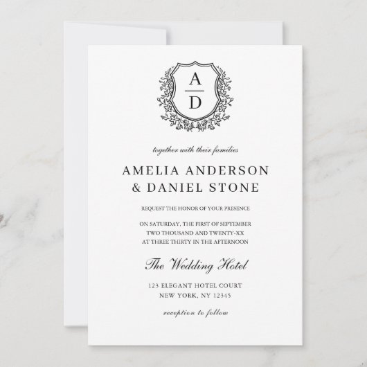 Formele Floral Crest Monogram Fotobruiloft Kaart (Voorkant)