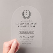 Formele Floral Crest Monogram Huwelijk Elegant Acryl Uitnodigingen (Insitu (Draagbaar))