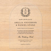 Formele Floral Crest Monogram Huwelijk Elegant Acryl Uitnodigingen (Voorkant)