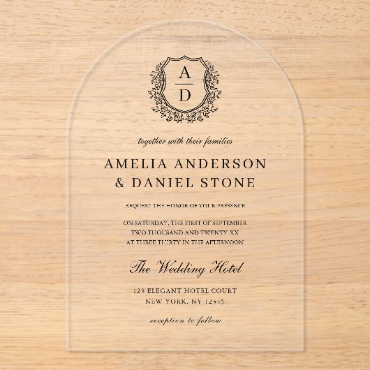 Formele Floral Crest Monogram Huwelijk Elegant Acryl Uitnodigingen (Voorkant)