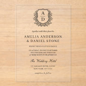 Formele Floral Crest Monogram Huwelijk Elegant Acryl Uitnodigingen (Voorkant)