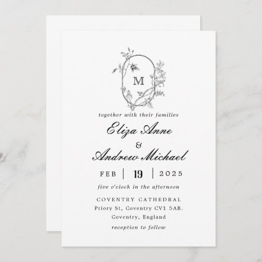 Formele Floral Crest Monogram Weddenschap Kaart (Voorkant / Achterkant)