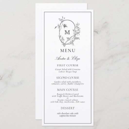 Formele Floral Crest Monogram Weddenschap Menu (Voorkant / Achterkant)