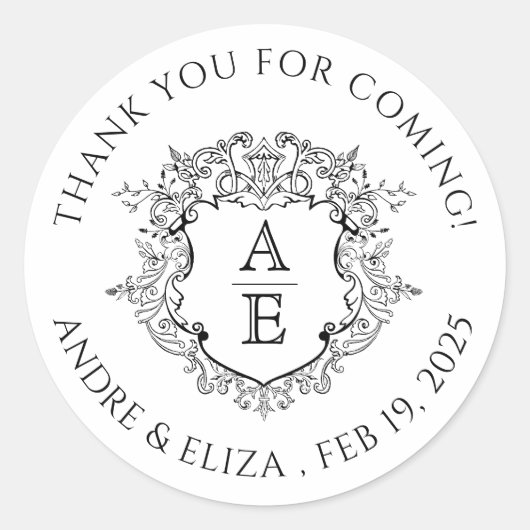 Formele Floral Crest Monogram Weddenschap Ronde Sticker (Voorkant)