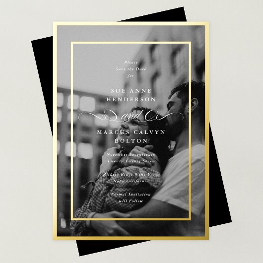 Formele foto Goud Lijst bruiloft Bewaar de datum Folie Uitnodiging