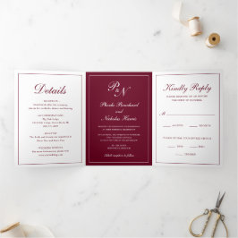 Formele foto Monogram Elegant Burgundy Wedding Drieluik Uitnodiging
