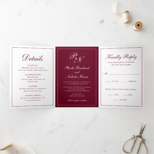 Formele foto Monogram Elegant Burgundy Wedding Drieluik Uitnodiging (Binnen)