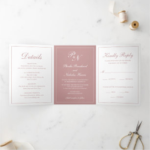 Formele foto Monogram Elegant Dusty Roos Wedding Drieluik Uitnodiging