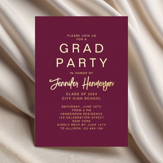 Formele Gold Burgundy Graduation Party Folie Uitnodiging