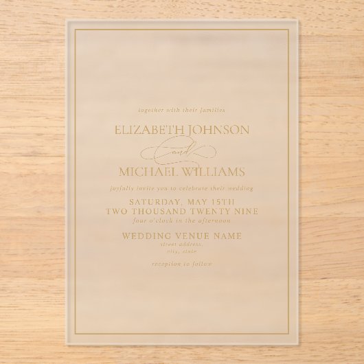 Formele Gold Classic Script Wedding Acryl Uitnodigingen (Voorkant)