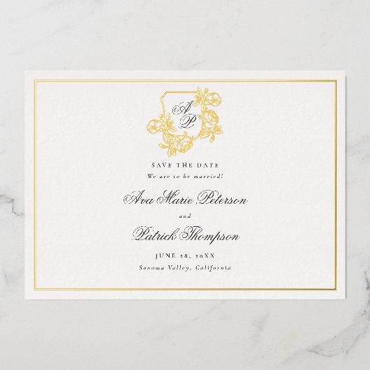 Formele Gold Wild Rozen Crest Wedding Save the Dat Folie Uitnodiging (Voorkant)