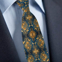 Formele gouden diepe blauwe bloemboeketten vlinder stropdas