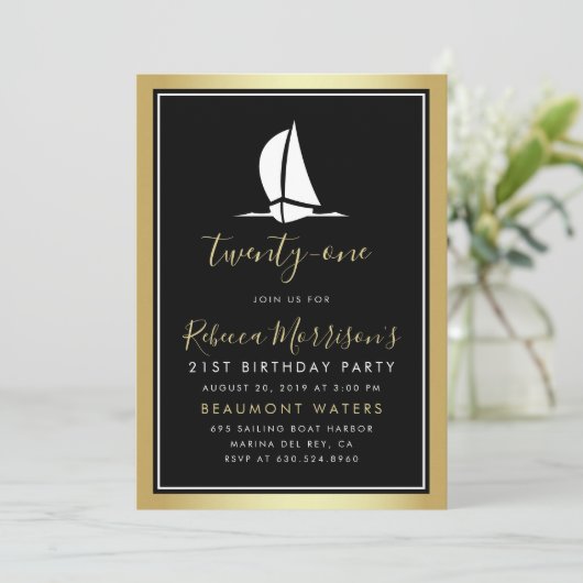 Formele Gouden Zwart & Wit Zeilboot Verjaardag Kaart (Staand voorkant)