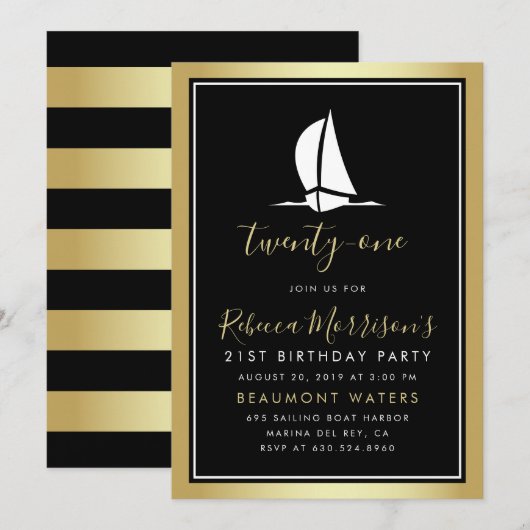 Formele Gouden Zwart & Wit Zeilboot Verjaardag Kaart (Voorkant / Achterkant)