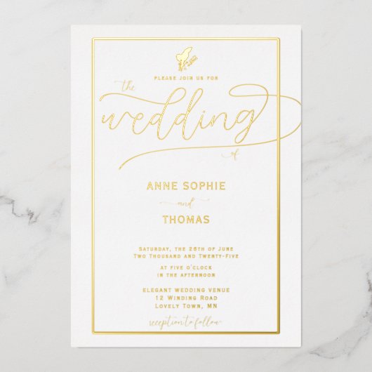 Formele goudlende Lily van Valley Floral Wedding Folie Uitnodiging (Voorkant)