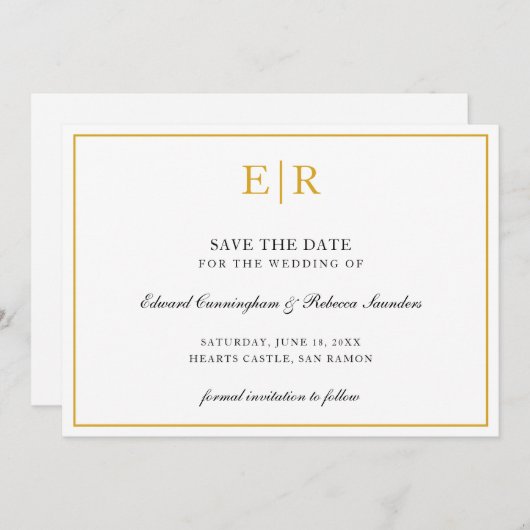 Formele goudmonogram Eenvoudige legante bruiloft Save The Date (Voorkant / Achterkant)