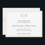 Formele goudmonogram Eenvoudige legante bruiloft Save The Date<br><div class="desc">Elegant bewaar de datum met je twee initiaal monogram in faux goud,  binnen een grens,  over een witte achtergrond. Dit stijlvolle ontwerp is geweldig voor een formele bruiloft.</div>