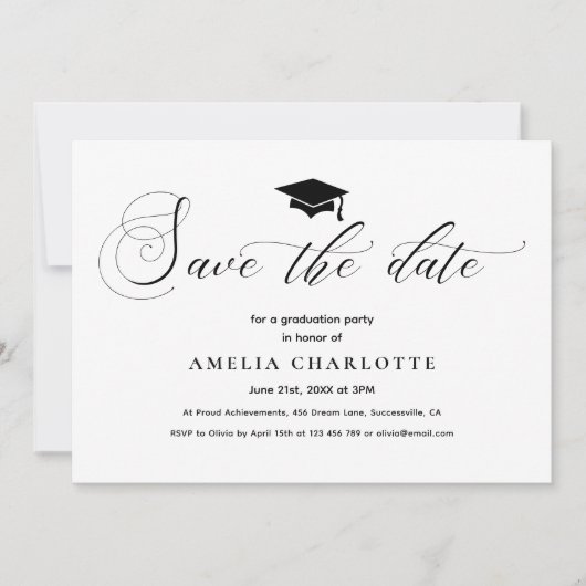 Formele Graduation Party Zwart Wit Save The Date Kaart (Voorkant)