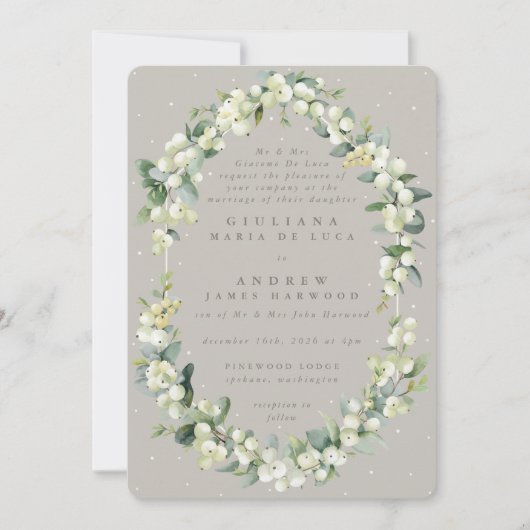 Formele Greige Snowberry+Eucalyptus Winterbruiloft Kaart (Voorkant)