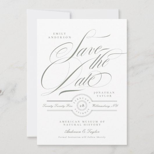 Formele Grijs Groen Kalligrafie Zwart Stropdas Fot Save The Date (Voorkant)