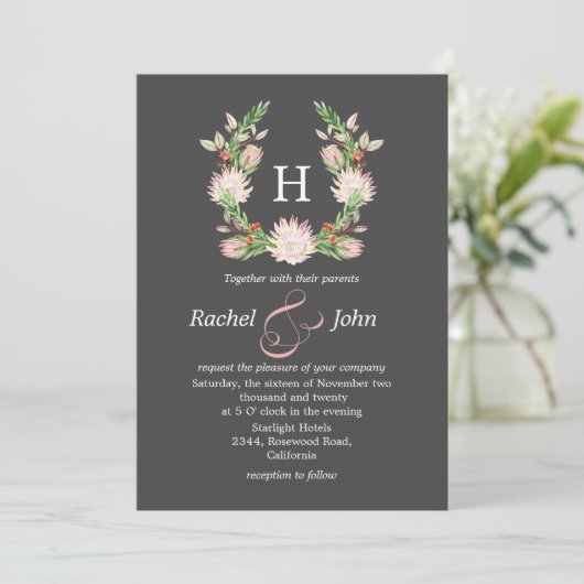 Formele grijze Australische Floral Monogram Weddin Kaart (Staand voorkant)