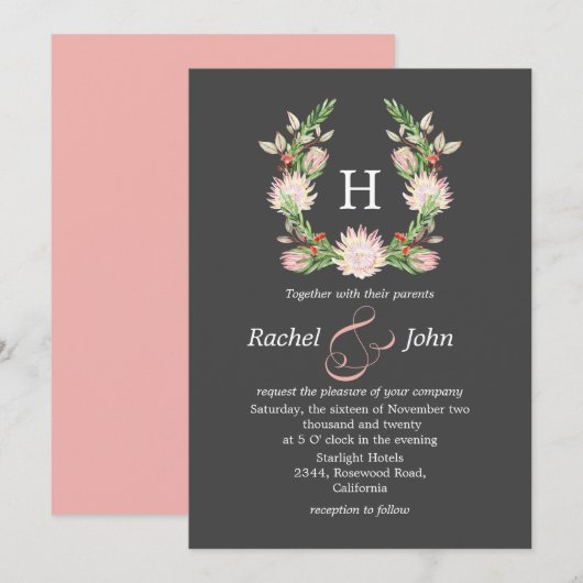 Formele grijze Australische Floral Monogram Weddin Kaart (Voorkant / Achterkant)