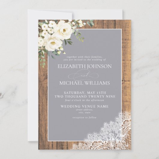 Formele grijze Rustic Wood Lace Script Weddenschap Kaart (Voorkant)