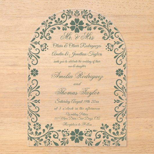 Formele groene bloemige bruiloft acryl uitnodigingen (Voorkant)